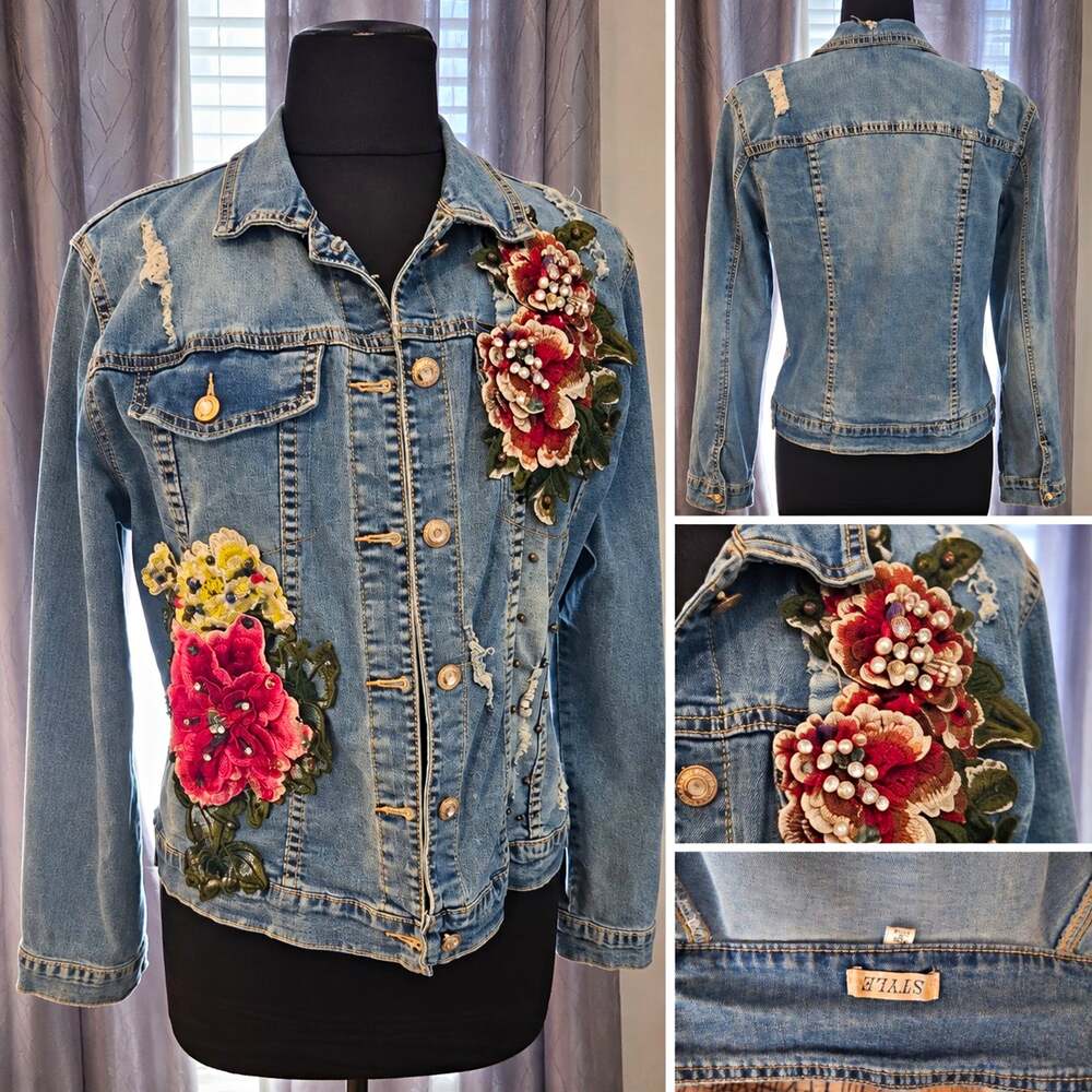 Women's Blue Denim Jacket Floral Embroidered Button Front Collared M/L